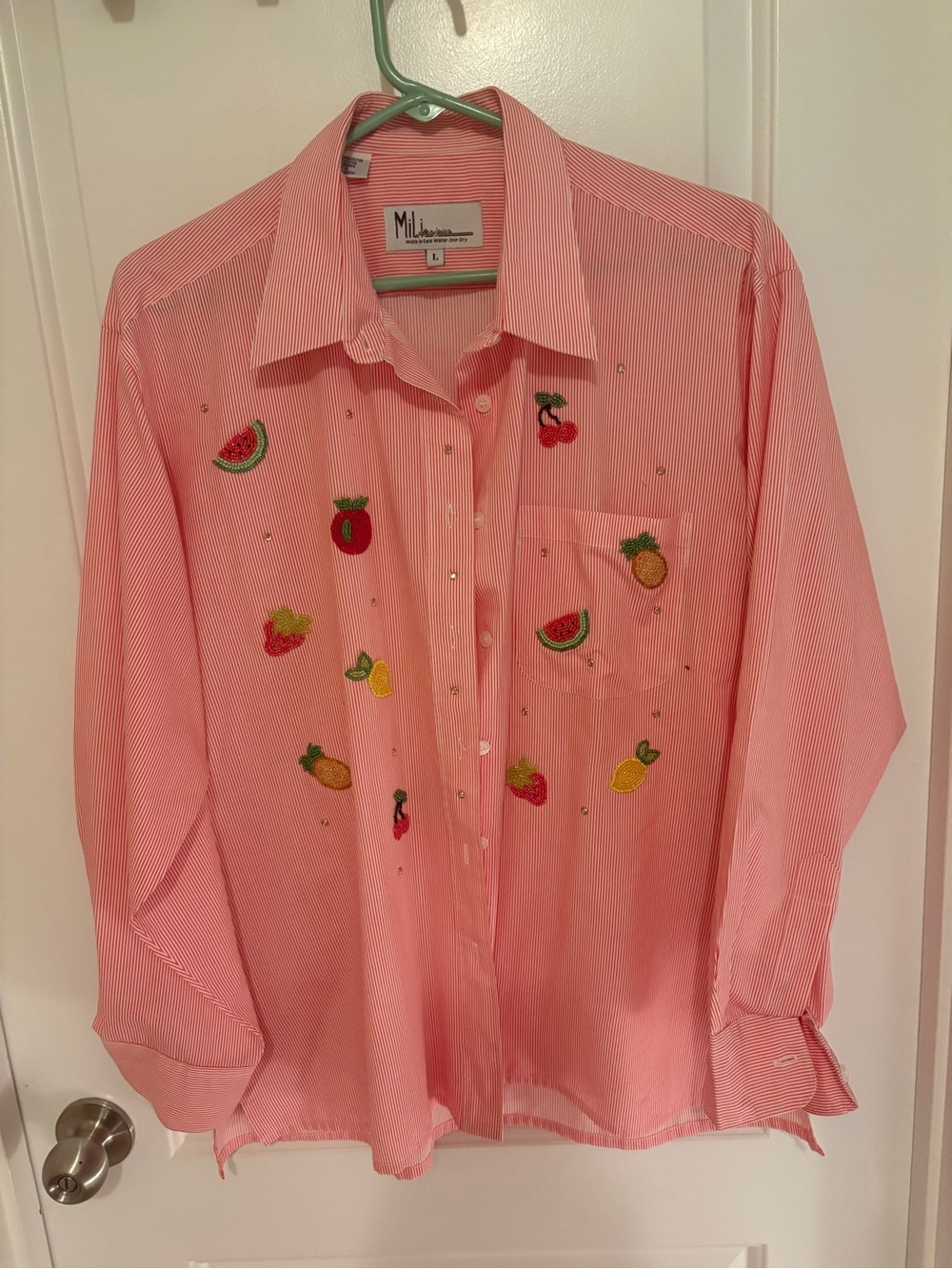 Mili Designs Pink Beaded Fruit Button-Down Shirt